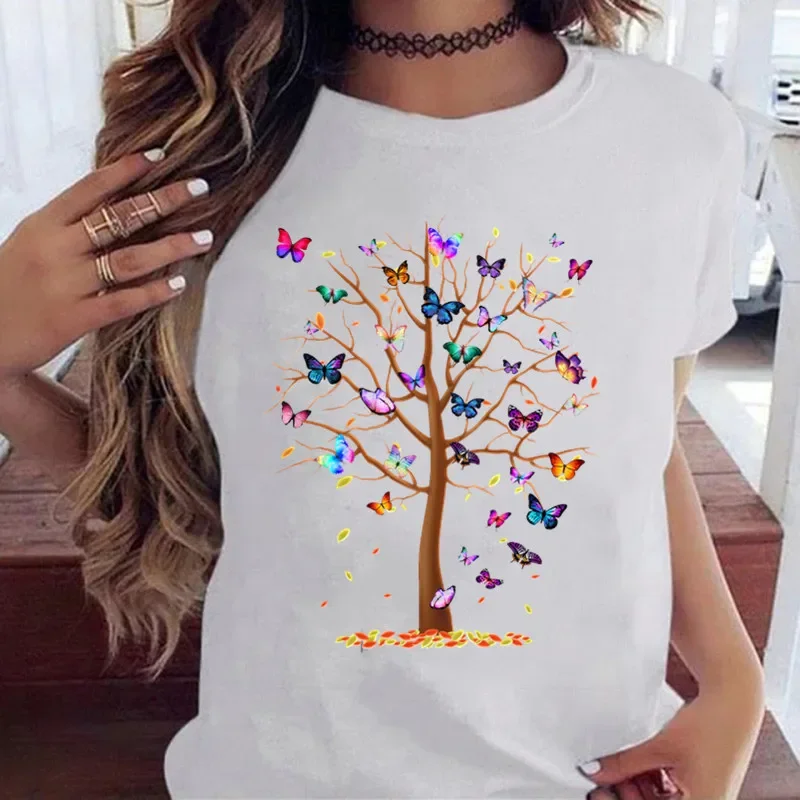 Butterfly Tree Print Teen Children T Shirt 2024 Summer Short Sleeve Cotton Casual Harajuku T-shirt Girl Kid Clothes Baby Tee Top