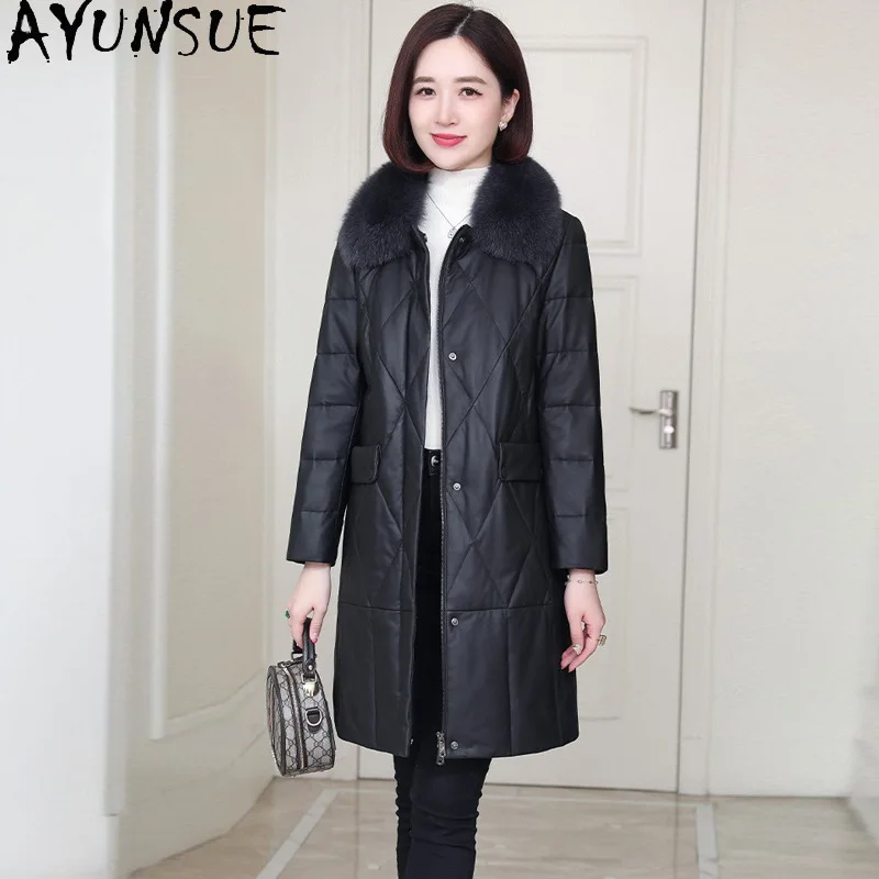 AYUNSUE chaqueta de piel de oveja auténtica para mujer, abrigo de plumón de pato blanco 90%, ropa de invierno para mujer, cuello de piel de zorro, Casaco femenino