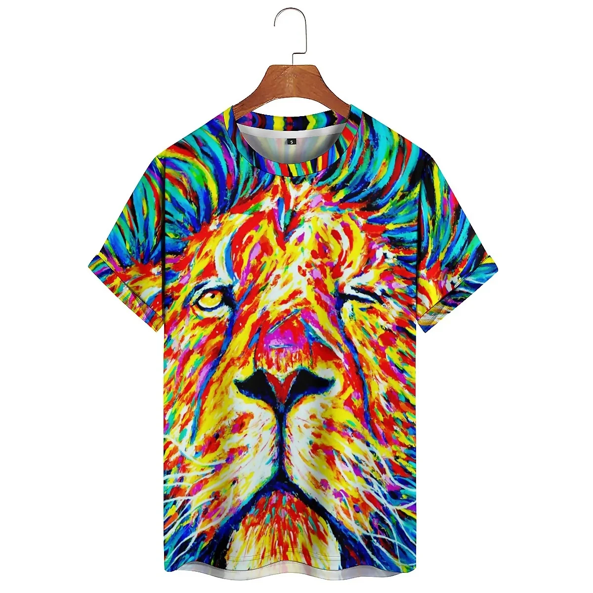 Summer Loose-fitting Colorblocked Ink-splashed Men's Animal Lion 3D Printed Short-sleeved T-shirt