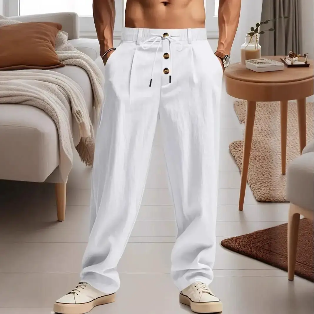 

New men's cotton and linen casual breathable pants, fashionable street sport pants, beach and outdoor loose straight pants