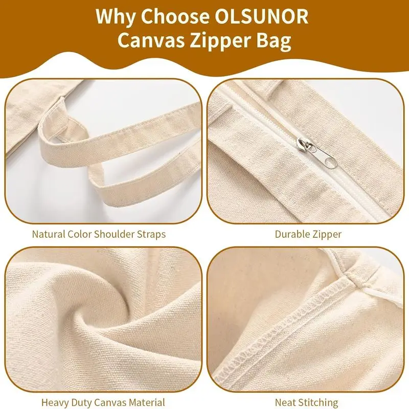 10 Pak Tas Tote Kanvas dengan Ritsleting, Tas Belanja Reusable dengan Pegangan Panjang, Tas Belanja Kosong untuk Sublimasi Transfer Panas DIY