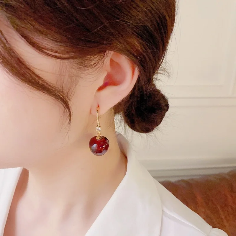 Cherry Fruit Hook Drop Earrings for Women Red Enamel Simple Lightweight Premium Daily Wear Hypoallergenic