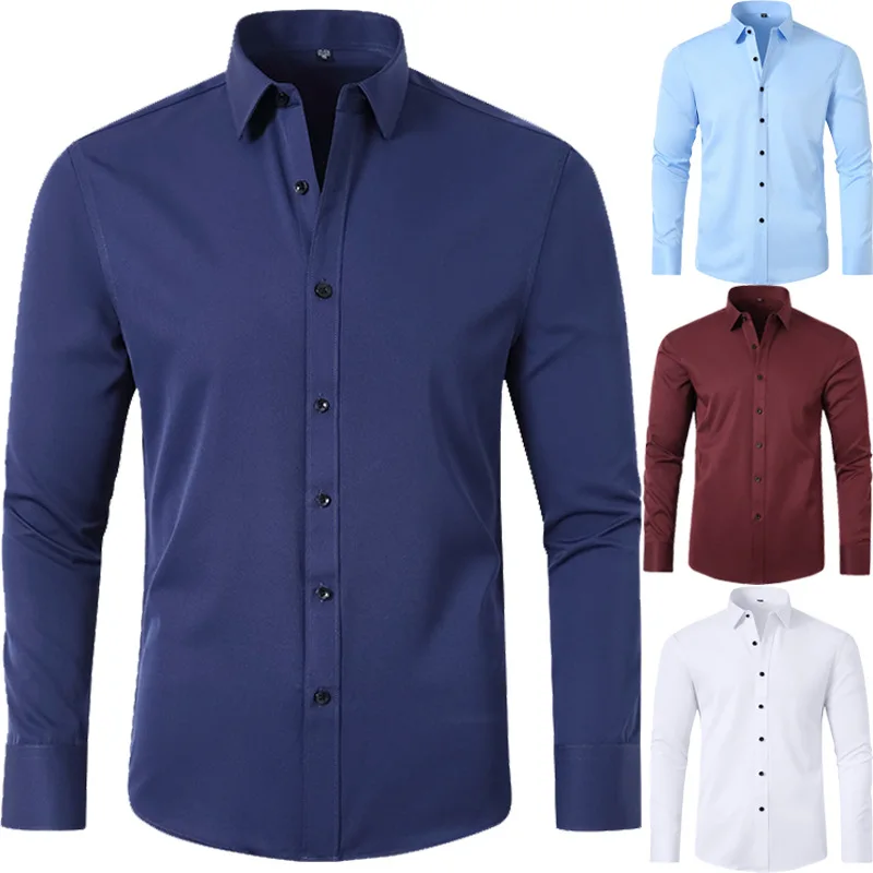 

Men's Elastic Long Sleeve Shirt Anti-wrinkle Free Ironing Business Comfort Fashion Breathable Slim Thin Shirt Solid Color
