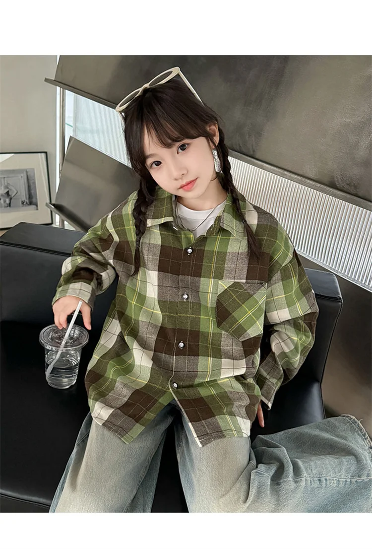 Koreanischer Stil, langärmliges kariertes Hemd für Teenager-Mädchen mit Tasche, neue Mode-Streetwear-Oberbekleidung für Kinder, Baumwollbluse für Kinder im Alter von 5-14 Jahren. – Detail 13