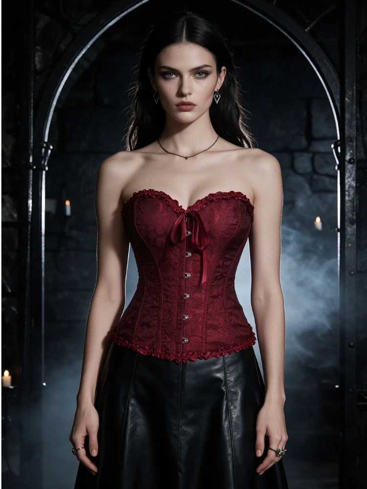 Weinrotes Overbust-Korsett aus Jacquard, trägerlos, mit Rüschen vorne, Schnürung hinten, tailliert, für Party- und Clubwear – Detail 4