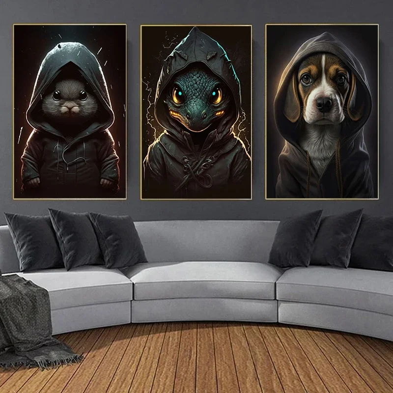 Funny Animals in Hoodie Painting Canvas Poster Fox Bear Wall Art Pictures for Living Room Boy Room Club Bar Modern Home Decor