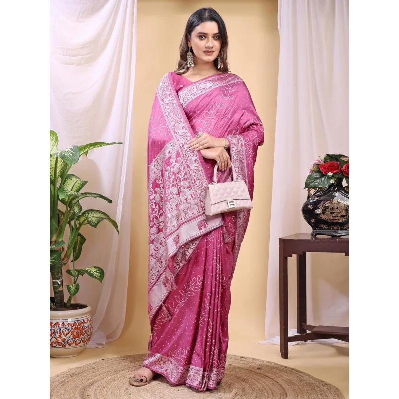 Women’s Pink Banarasi Silk Saree with Zari Woven Border & Blouse Piece – Traditional Indian Wedding Party Saree - view 4