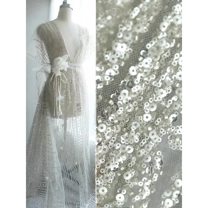 146 سنتيمتر واسعة ، رائعة غزل مسمار حبة التطريز الفضة الترتر الدانتيل الديكور DIY بها بنفسك فستان رسمي أداء زي الملحقات