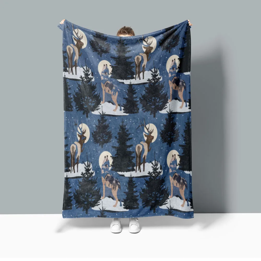 Woodland Bohemian Wolf  Fleece Blanket Thick Winter Blanket Travel Blanket Warm Bedspread