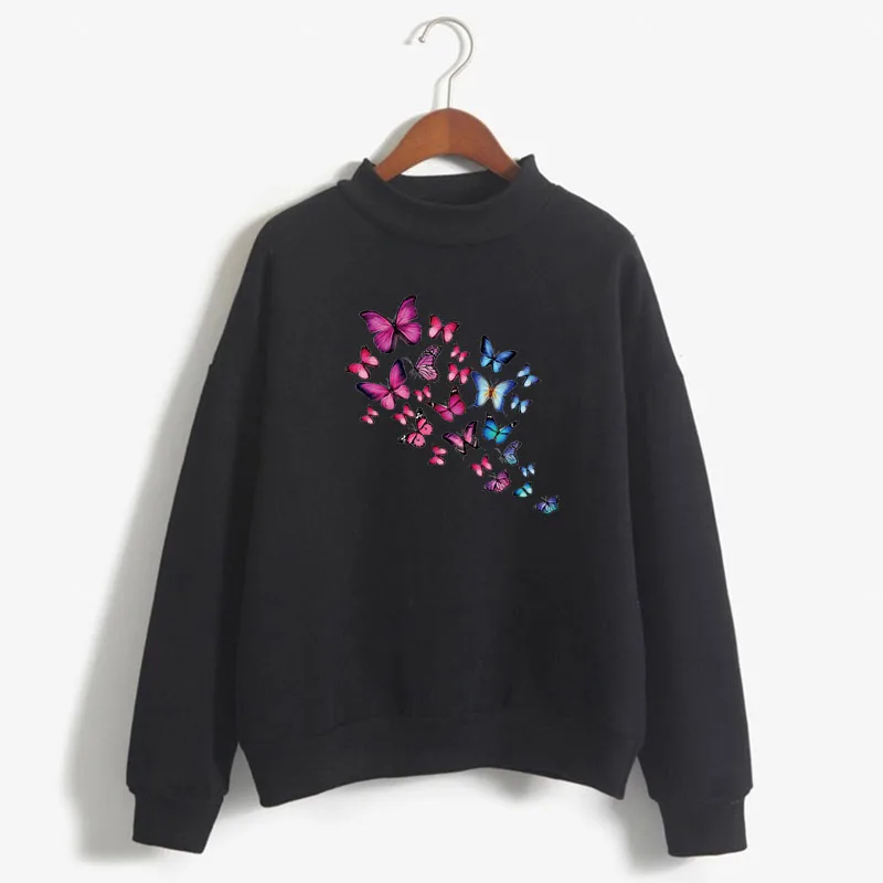 

Cartoon Butterfly Floral Elegant Print Women Sweatshirt Korean O-neck Knitted Pullover Thick Autumn Candy Color Lady Clothing