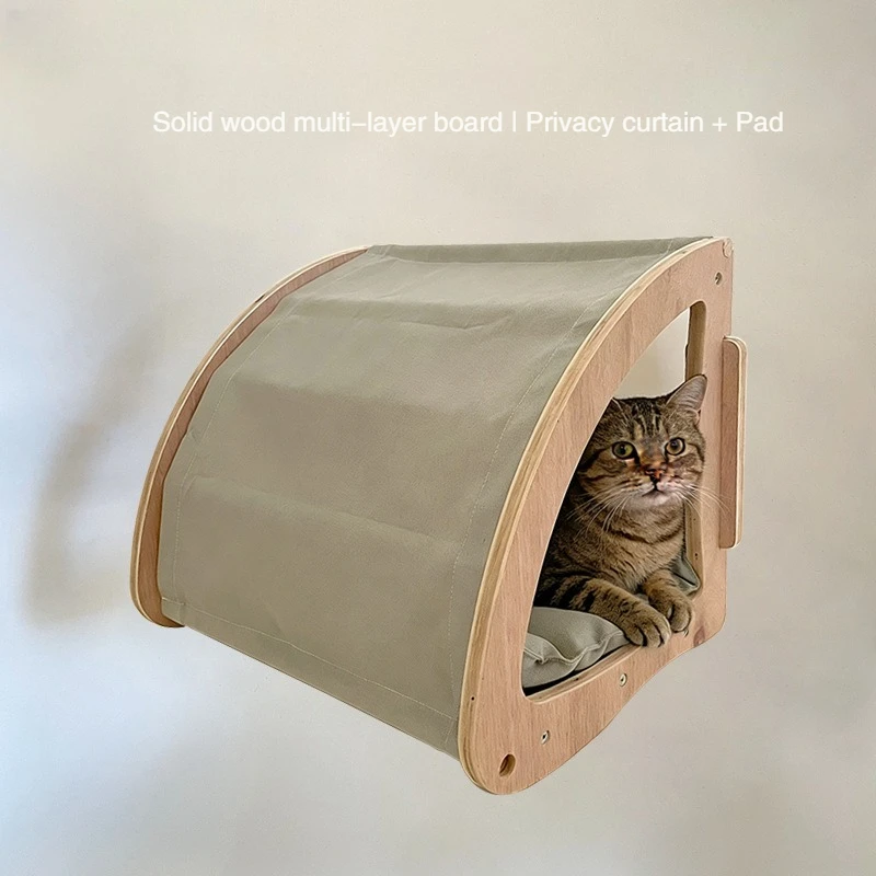 Wall Mounted Cat Bed Through-wall Cat Nest with Privacy Curtain Canvas Mat Hanging Cat Perch Pet Sleeping Bed for Indoor Cats