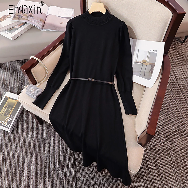 

EHQAXIN Autumn Winter New Ladies Knitted Dresses 2022 Fashion Casual Black Long Loose Sweater Dress With Belt For Womens L-4XL