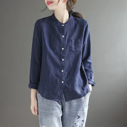 Chemise boutonnée à manches longues pour femmes, chemisier vintage, simple, décontracté, col carillon, monochromatique, coton, lin, automne