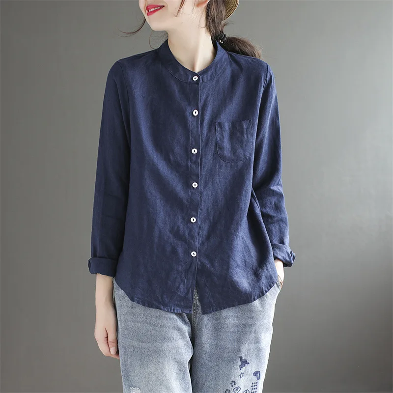 Women's Vintage Simple Casual Button Up Shirt Autumn Trendy Stand Collar Long Sleeve Blouse Solid Loose Tops Cotton Linen Blusas