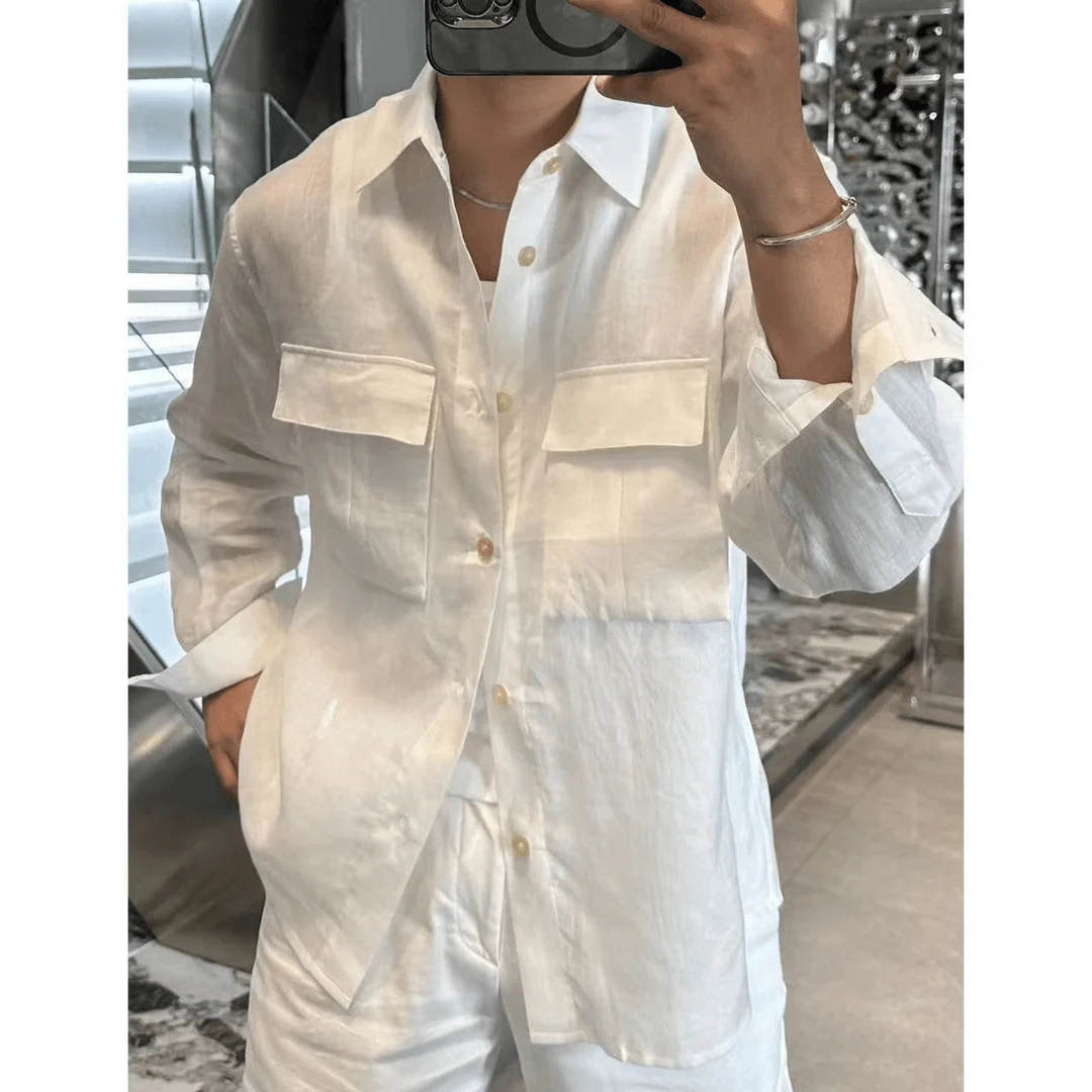 

Summer 2026 Men's Loose Fit Long Sleeve Pure Linen Shirt Double Pocket High End Design Casual Style Luxury Minimalist Coat