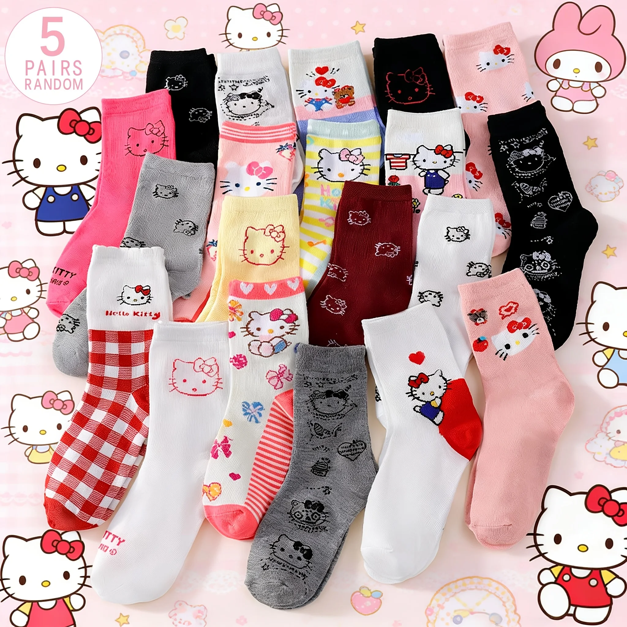 Sanrio 5 pares de calcetines de tubo medio versátiles con letras a rayas y bloques de color de la serie Hello Kitty de dibujos animados lindos para mujer para las cuatro estaciones