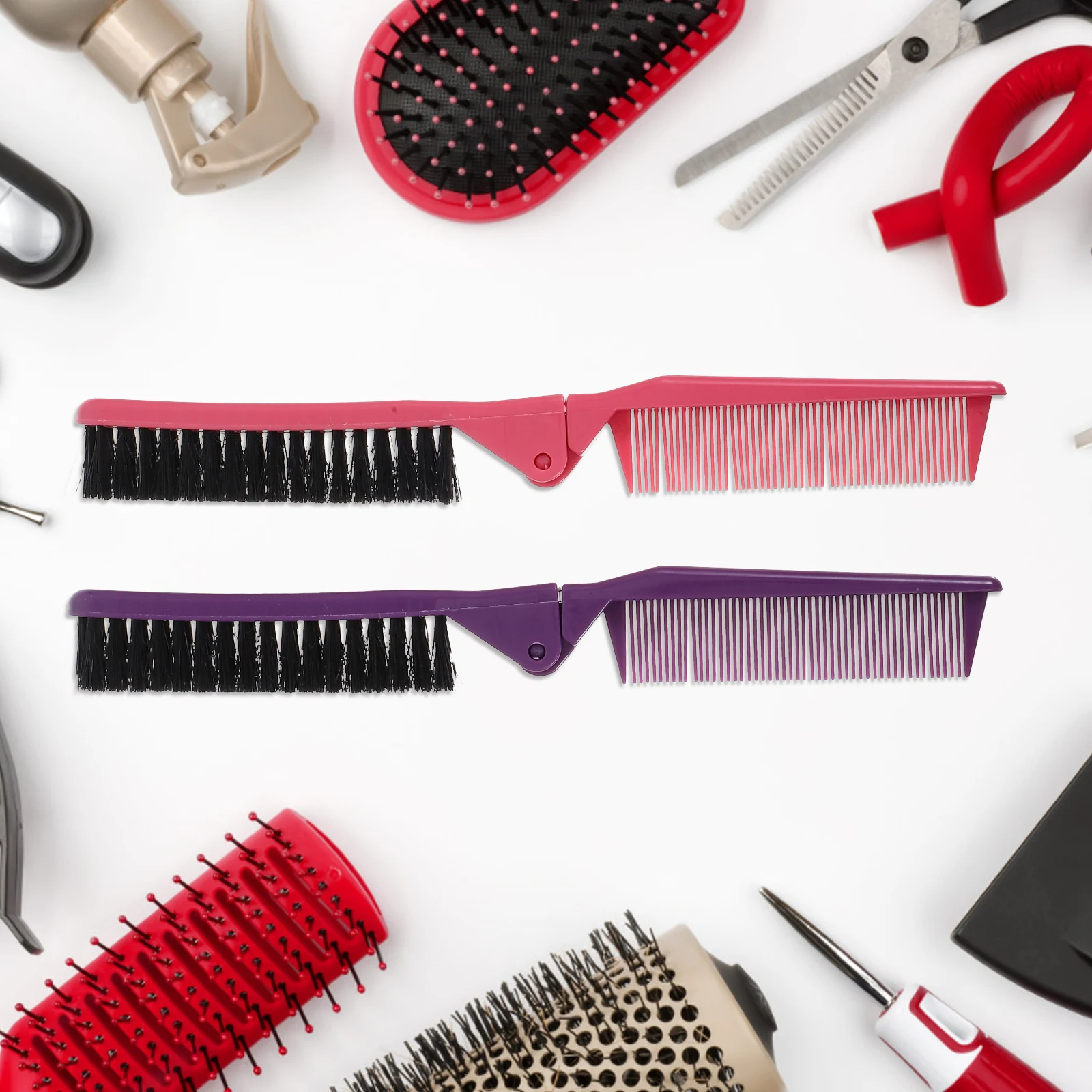 

2pcs Folding Comb Travel Hairbrush Deep Purple Pink Portable Detangler Small Pocket Comb Compact Hairstyling Tool