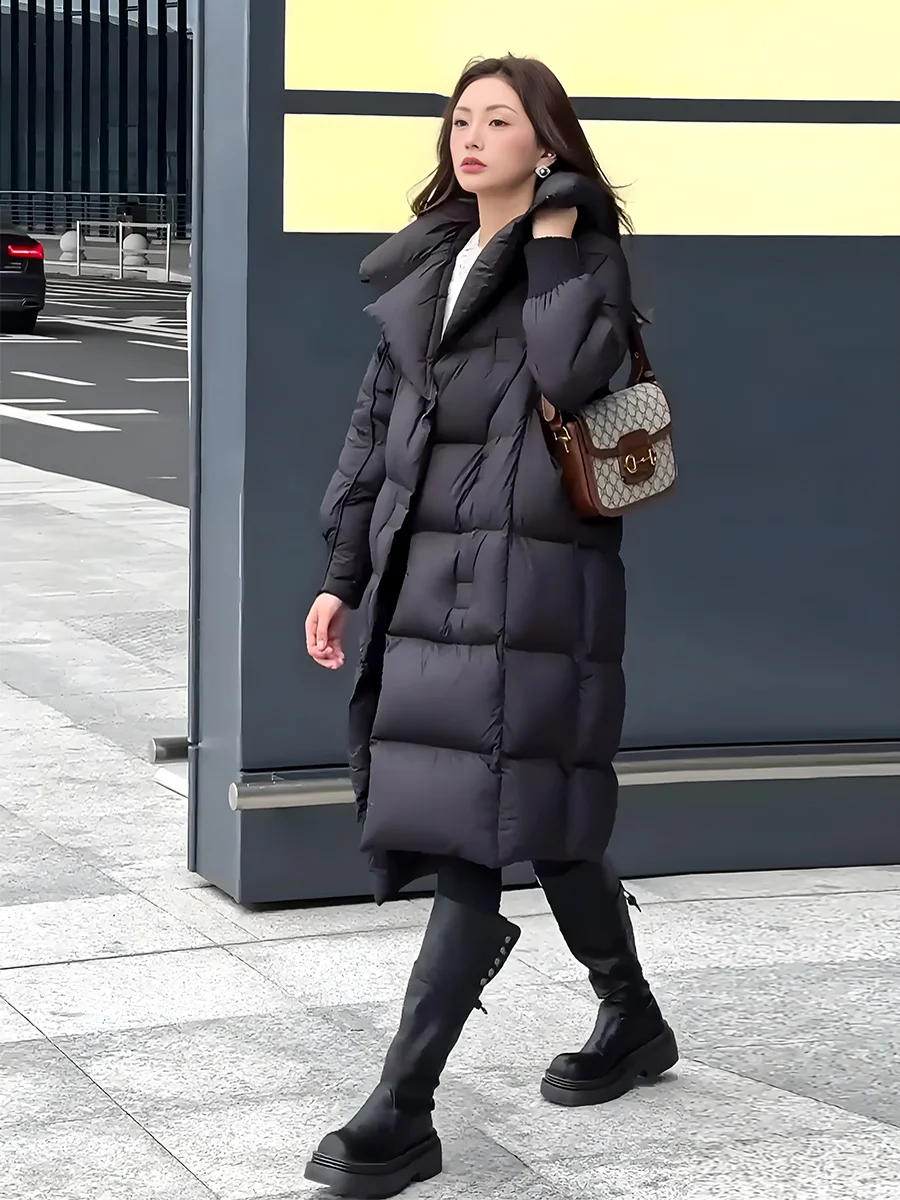 

2025 Winter Faion Thiened Fce White Du down Puffer Jaet Women's Mid-Length Coat Warmth Large Collar Versatile Size