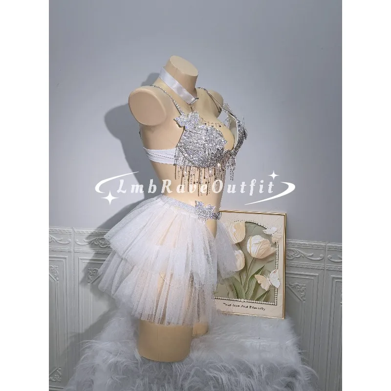 Customized RaveOutfit Silver Heavy Embroidered Butterfly Strap Tank Top Sexy Strapless Electric Syllable Performance Costume
