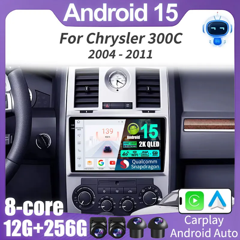 Android 15 Carplay Auto para Chrysler 300C Aspen 2004 2005 2006 2007 2008 Radio de coche reproductor de vídeo Multimedia NAVI GPS WIFI 4G QLED