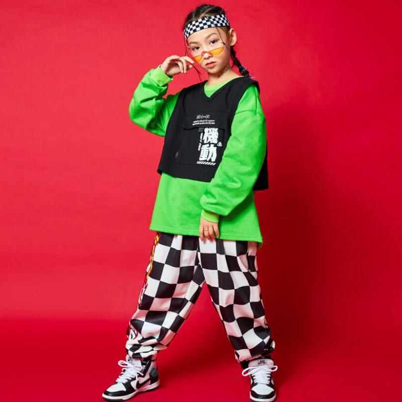 

Kids Hip Hop Clothing Teenage Outfits Green Loose Sweatshrit Street Plaid Joggers Pants for Girls Jazz Dance Costume Clothes