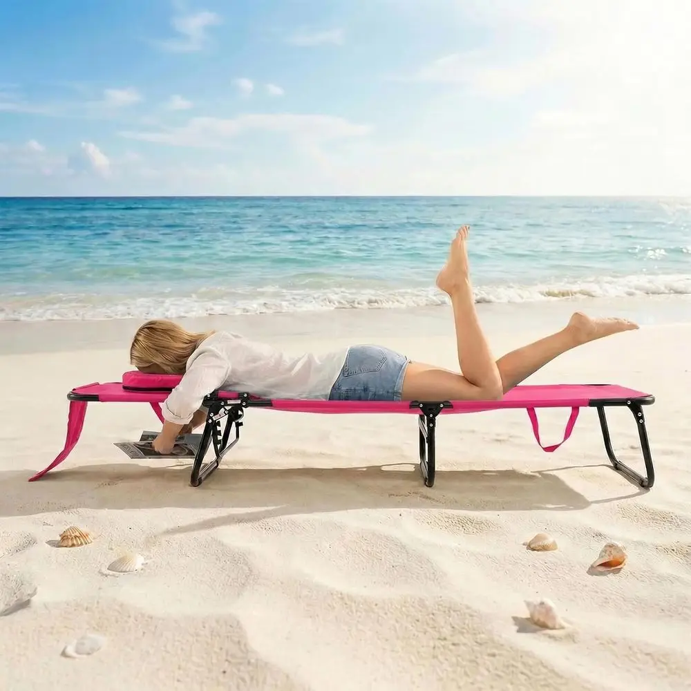 Tanning Chair, 330lbs Beach Lounge Chair with ace Hole, Washable Pillow & Carry Strap, Adjustable olding Chaise Lounge, Layout C