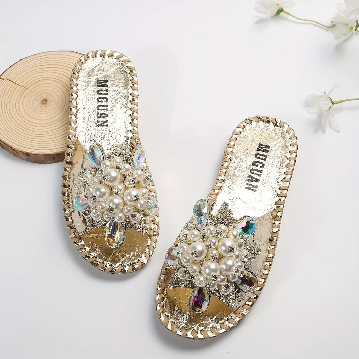 Women Faux Pearl Decor Slide Sandals Casual Open Toe Summer Shoes Lightweight Slide Sandals