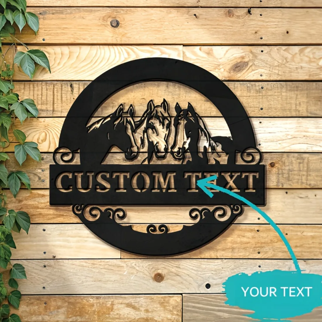 Tailor-Made Horse Silhouette Metal Wall Art - Personalized Text Design | Rustic Farmhouse Charm for Home & Garden.