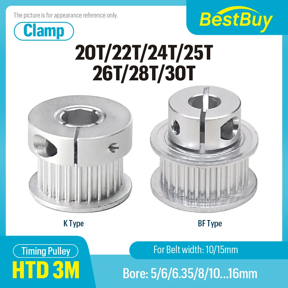 3M 20T/22T/24T/25T/26T/28T/30Teeth K Clamping Type Synchronous Wheels Bore 5-16mm for Belt width 10/15mm 3D Printer Accessories