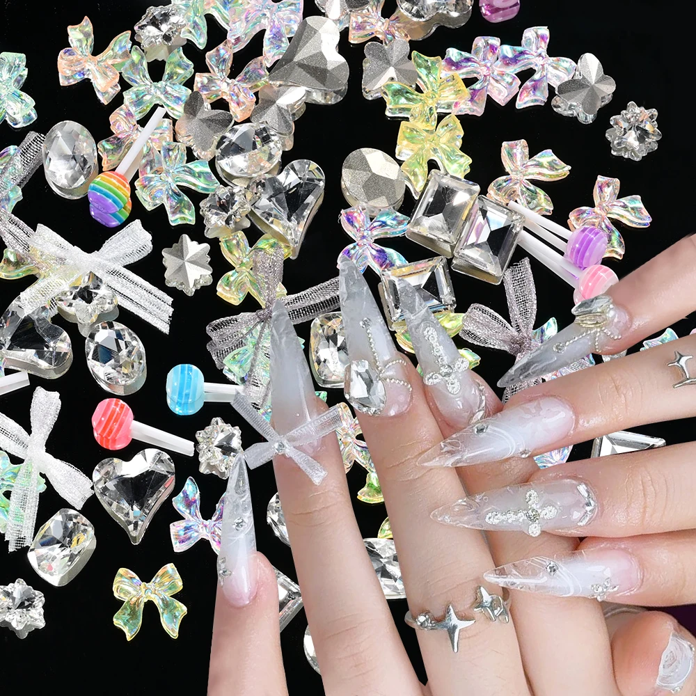 12 griglie multi-forme rosa rosa diamanti strass per unghie e resina fiocco rosa nastro ciondoli per unghie kawaii gemme posteriori piatte artigianato per unghie