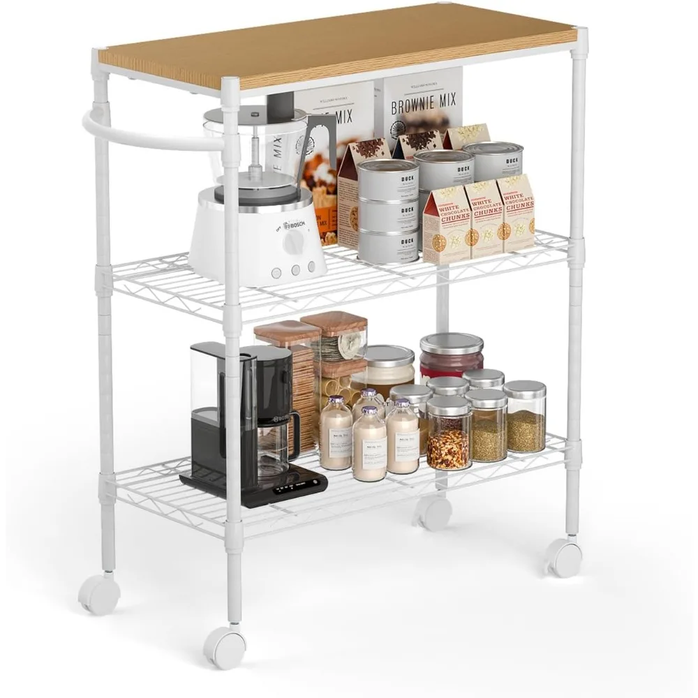 

3-Tier Rolling Kitchen Cart with Wheels, Adjustable Shelves & Wood Top for Indoor/Outdoor Use, White