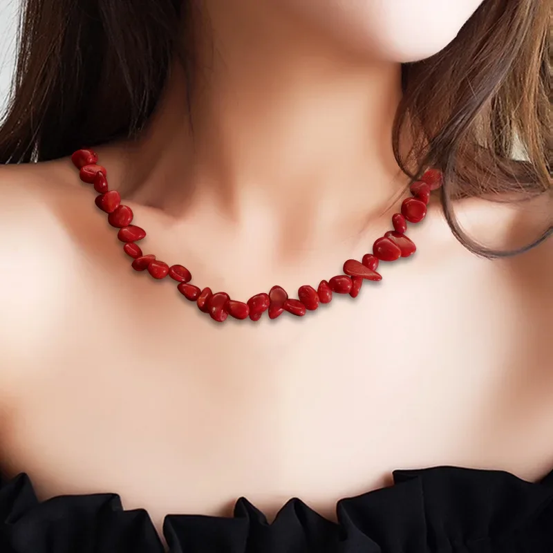 

Red Coral Choker Bean Shaped Pearl Necklace Sweater Chain Irregularity Beads Necklaces for Women Fashion Jewelry Collar Gifts
