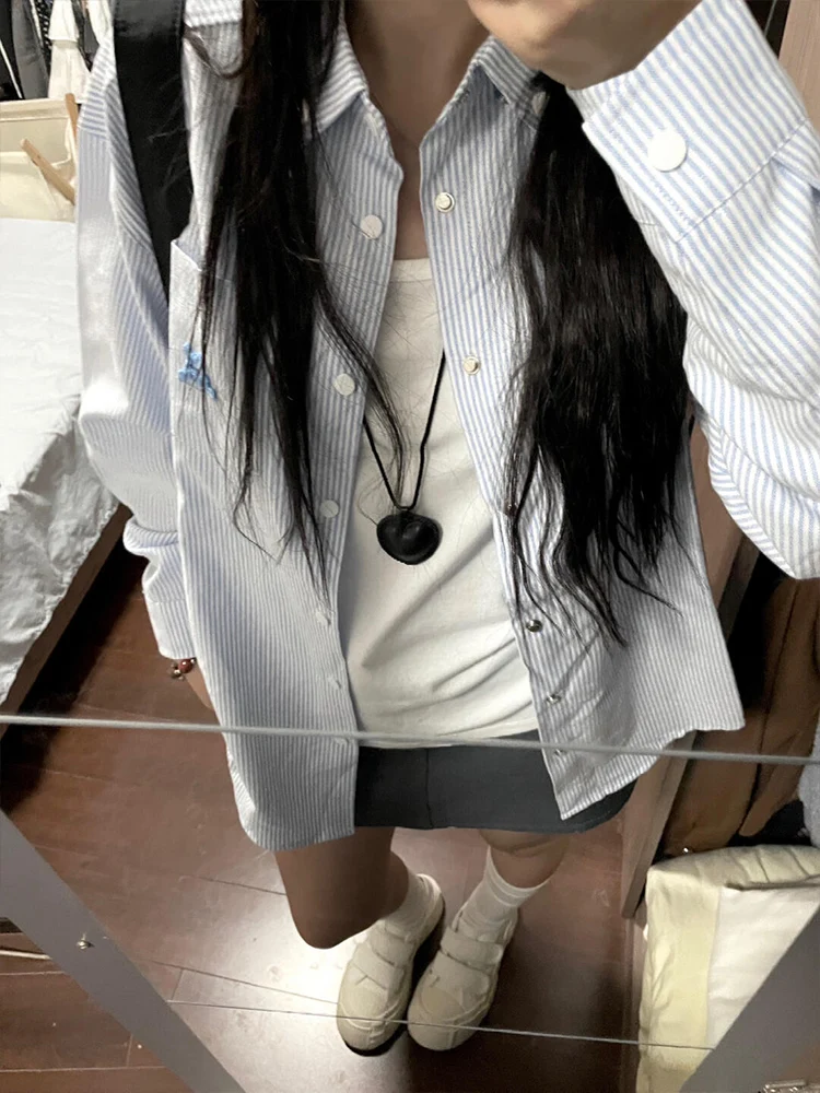 

American Retro Striped Long Sve Women's irt Spring Autumn Loose Color Blo Design Sense Outerwear irt