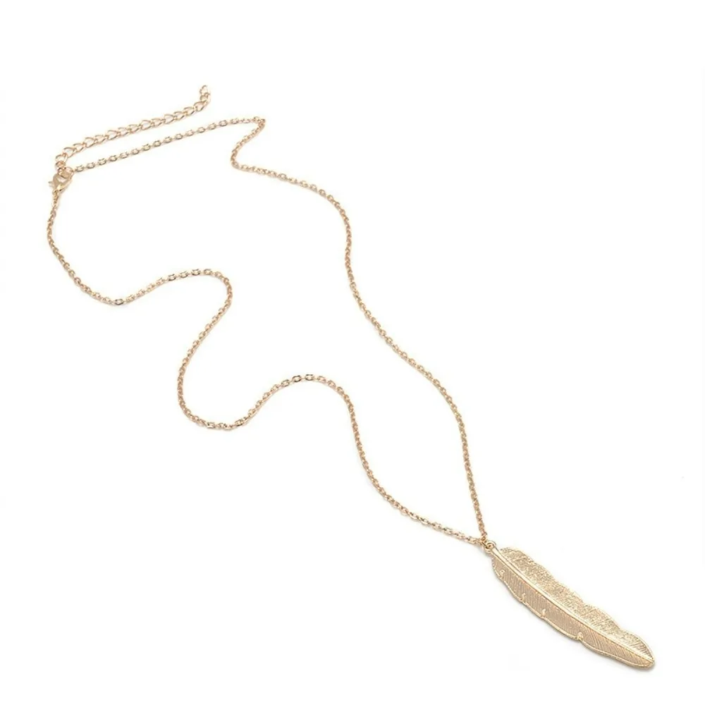 2025 New Vintage Long Sweater Necklace Silver Color Simple Feather Pendant Choker for Women Girls Fashion Jewelry Accessories