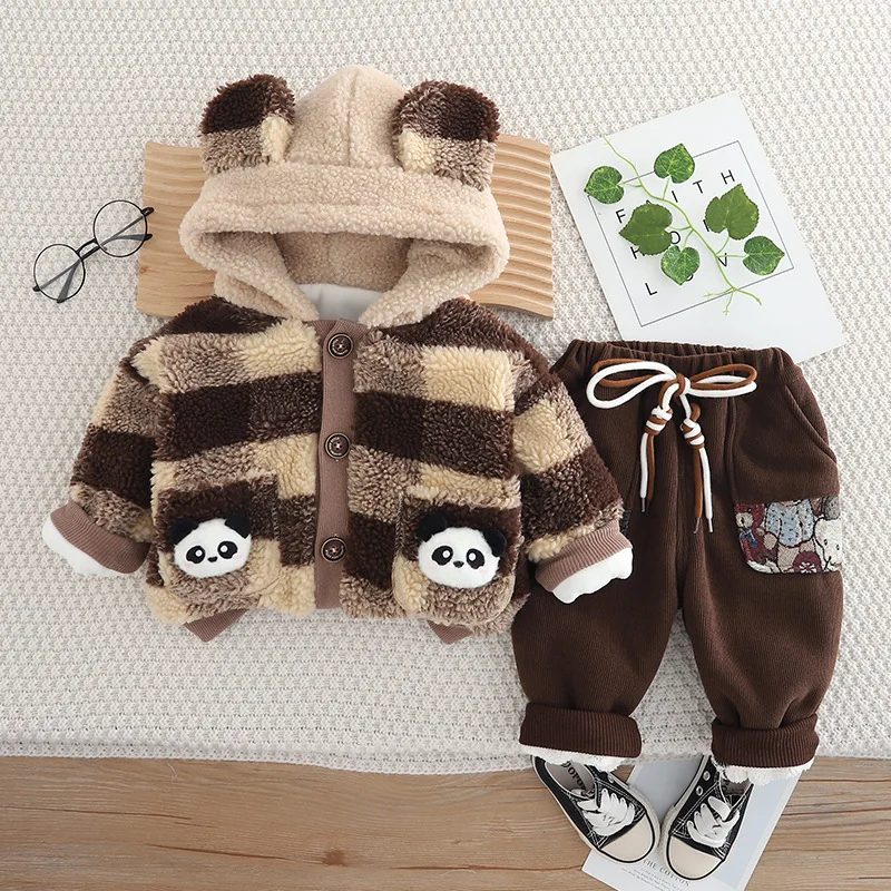 

Winter Baby Boys Casual Outfit Set Warm Fleece Plaid Jacket & Pants 2-Piece Cute Cartoon Cotton Blend Elastic Waistband for Kids