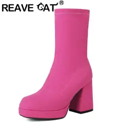 REAVE CAT Women Stretch Boots Square Toe Block Heels 9cm Platform Slip On Plus Size 45 46 47 Korea Fashion Dating Mid Calf Bota