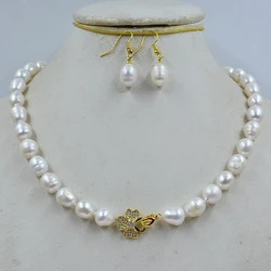 Beautiful 10-11mm natural white cultured pearl necklace earrings. Women's preferred wedding jewelry set 18”