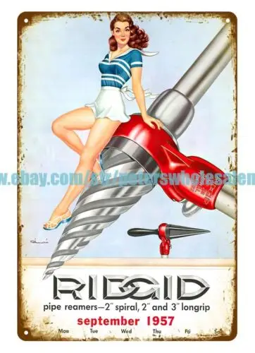 1957 RIDGID Calenda girl tools pipe reamers tin sign dorm wall decals