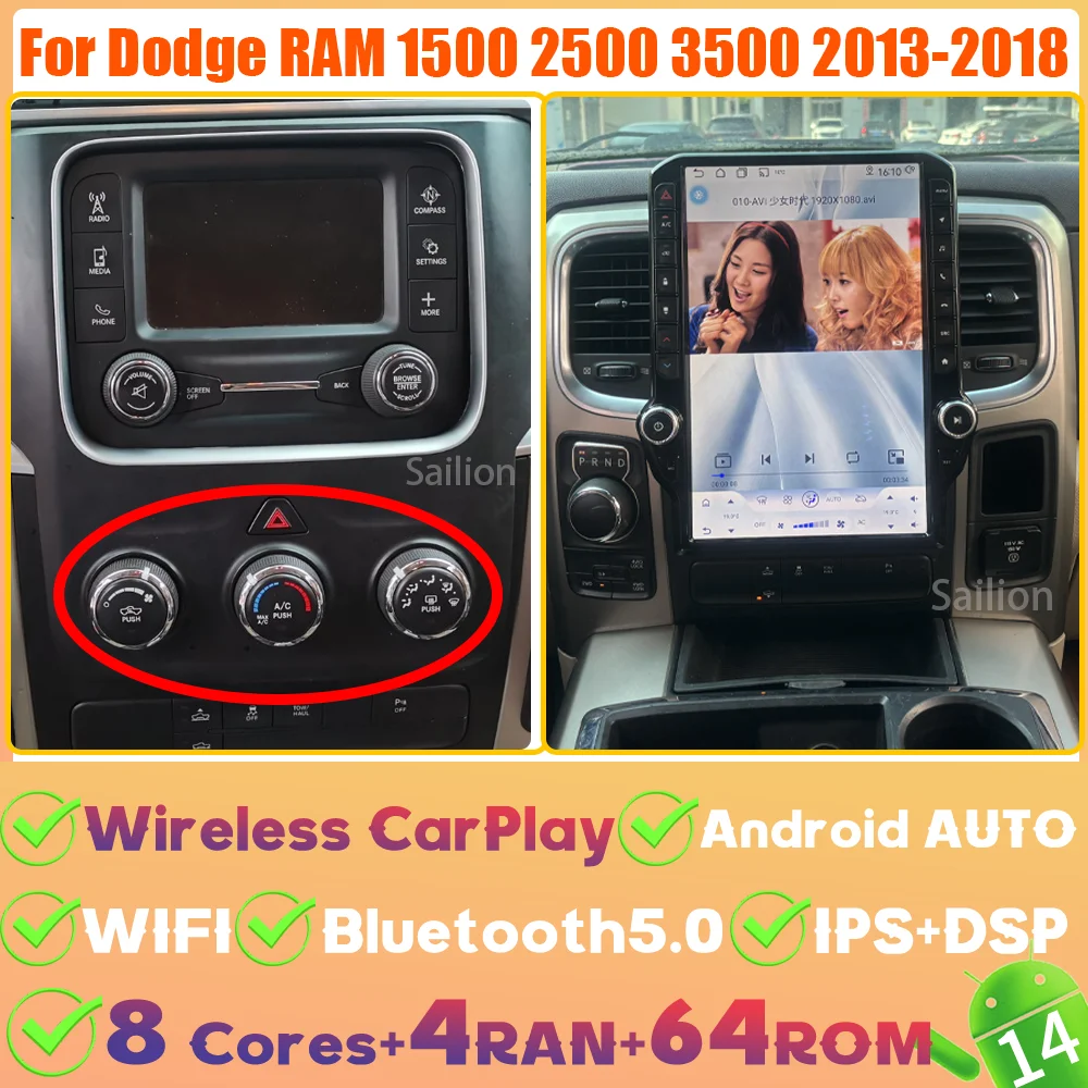 14.5 Inch Qualcomm Voor Dodge RAM 1500 2500 3500 2013-2018 Autoradio Android 15 Carplay Auto Scherm 4G Stereo GPS Video Speler