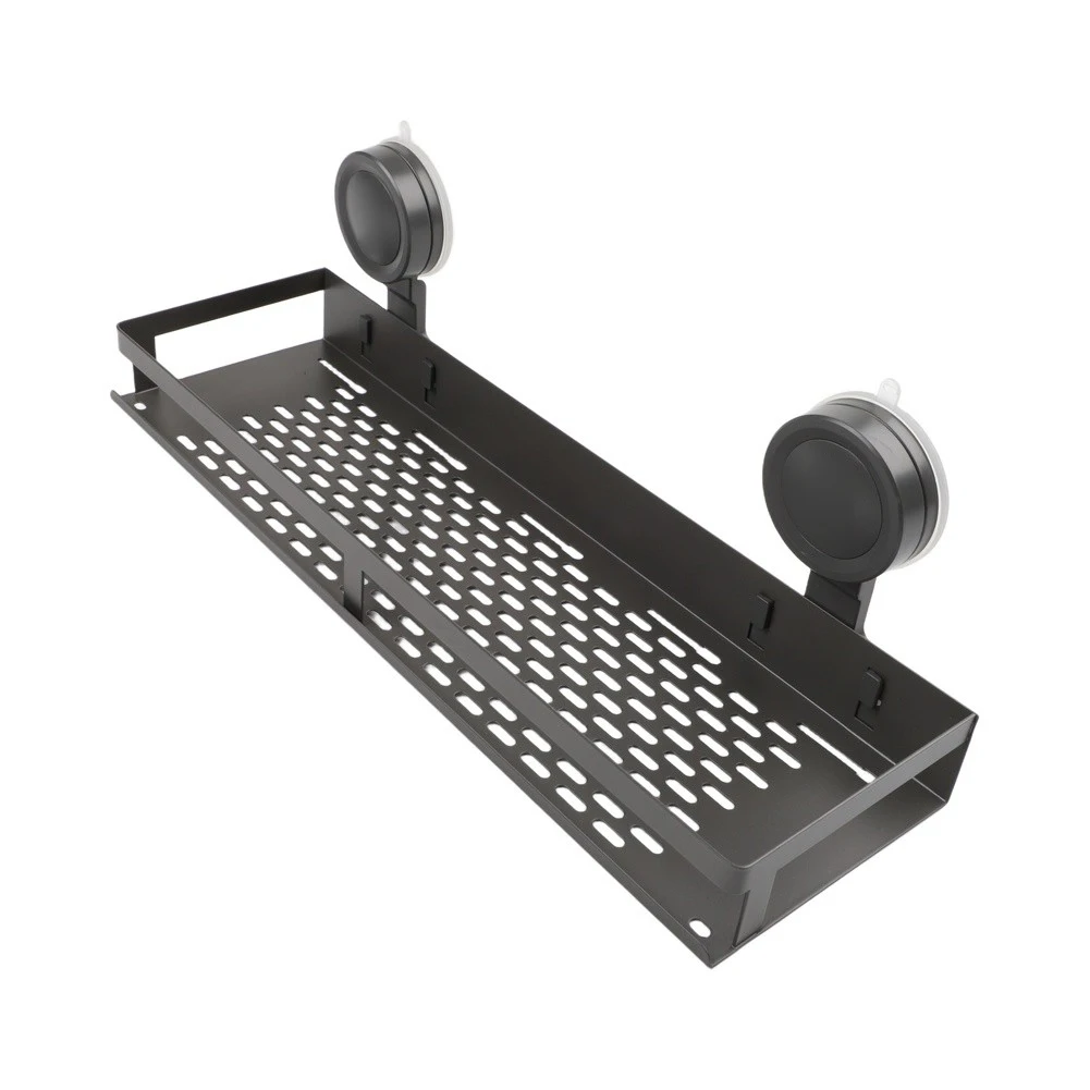 Aluminum Shower Shelf with Strong Suction Cups for Bathroom Storage Includes Towel Bar and Five Hooks for Small Items