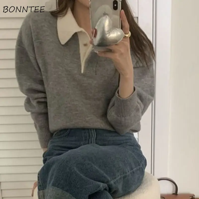 Pullovers Women Preppy Turn Down Collar Cropped Designer Girlish Temper Knitwear Korean Fashion Sweaters Свитер Женский Vintage