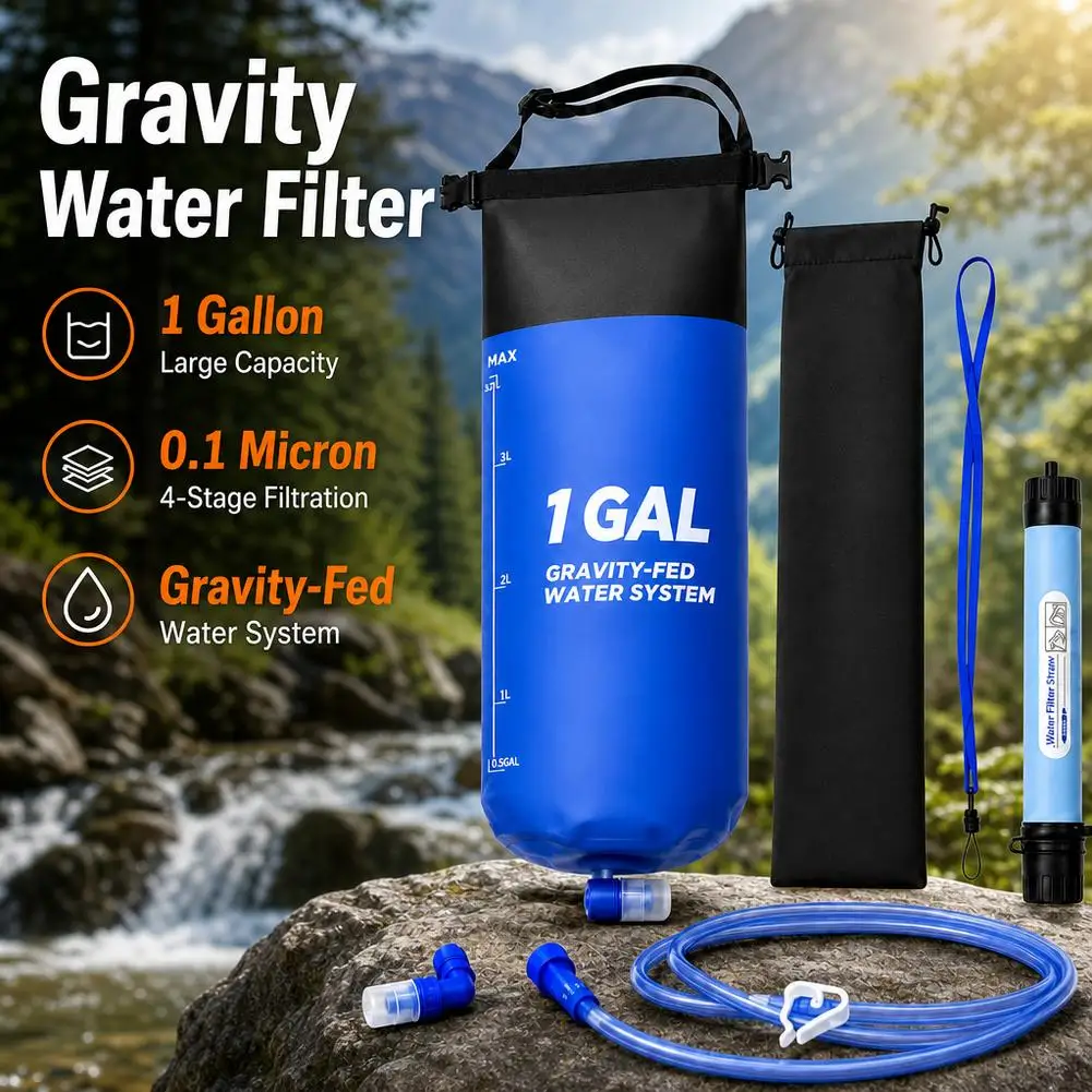 1 Gallon Portable Gravity-Fed Water Bag with Filter Hose 0.1-micron 4-stage filter Foldable Filtration Bucket For Outdoor Surviv