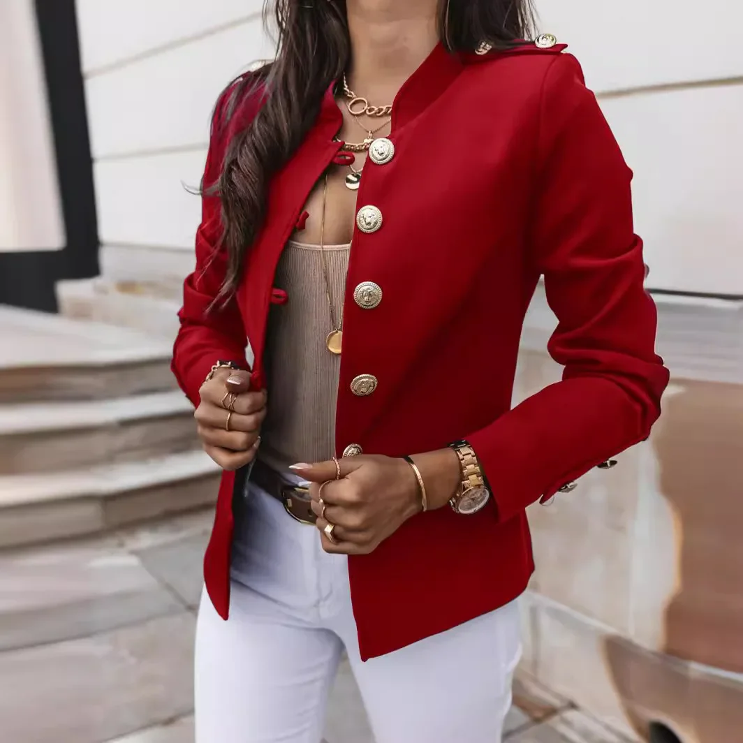 Women Slim Blazer Coats Casual Single Gold Button Breasted OL Workwear Short Jackets NMD-6615