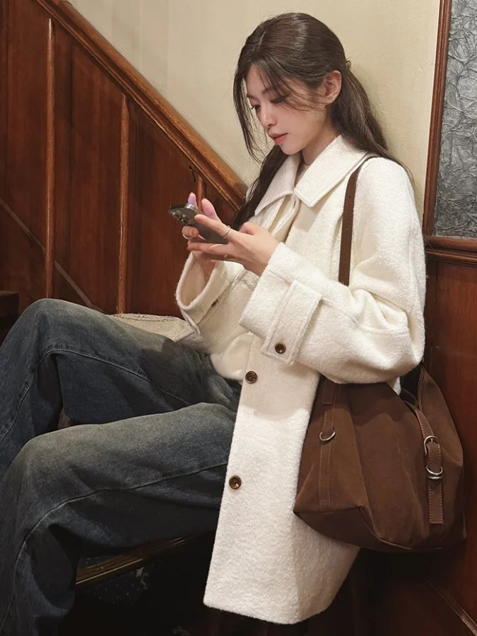 

Ele винтажное женское шерстяное пальто свободного кроя с застежкой на талии и лацканами, длинное свековое пальто средней длины на одной пуговице