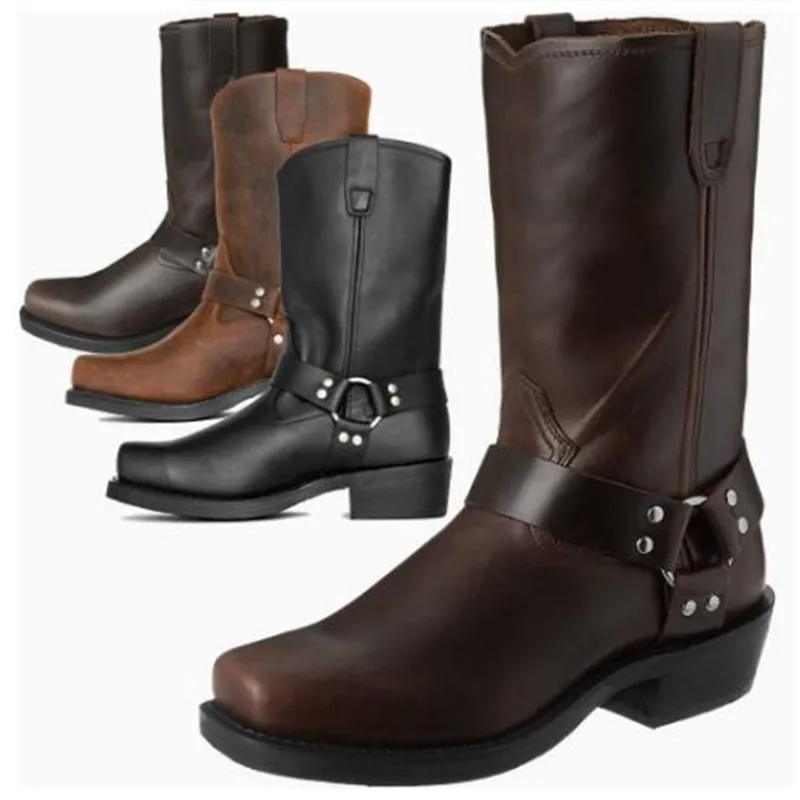 New Retro Cowboy Mid Calf Western Pu Leather Man Slip on Shoes Winter Knight Booties Plus Size 39-48 Zapatos Hombre Chelsea Men