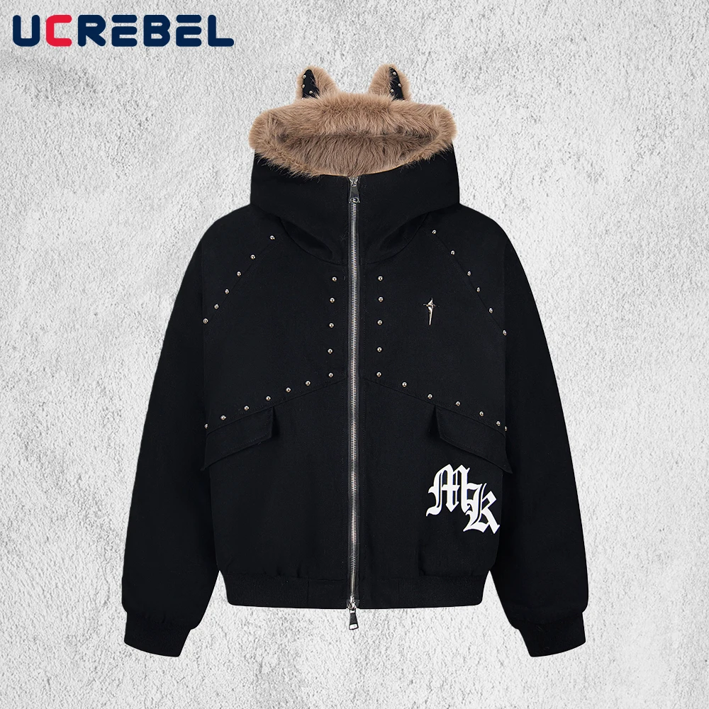 

Retro Hooded Quilted Jacket Mens with Rivets Letter Print High Street Winter Thick Long Sleeve Hooded Padded Jacket Man