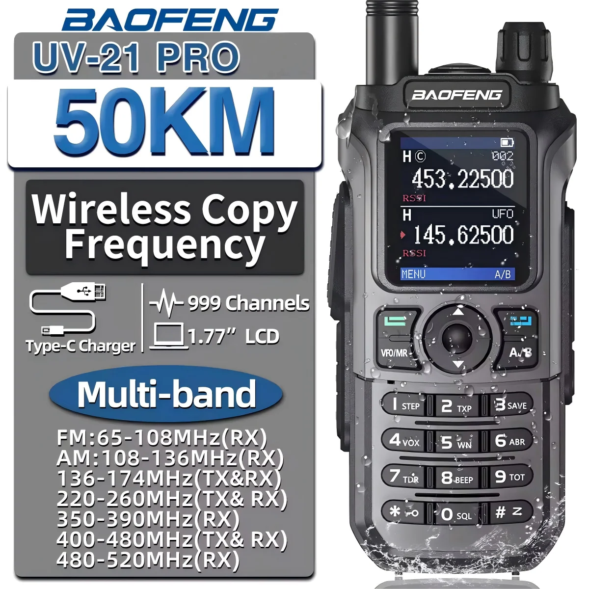 Baofeng UV-21 Pro Wireless Copy Frequency Mutli Band Powerful Waterproof V2 Long Range UV-5R Long Range Type-C Two Way Ham Radio