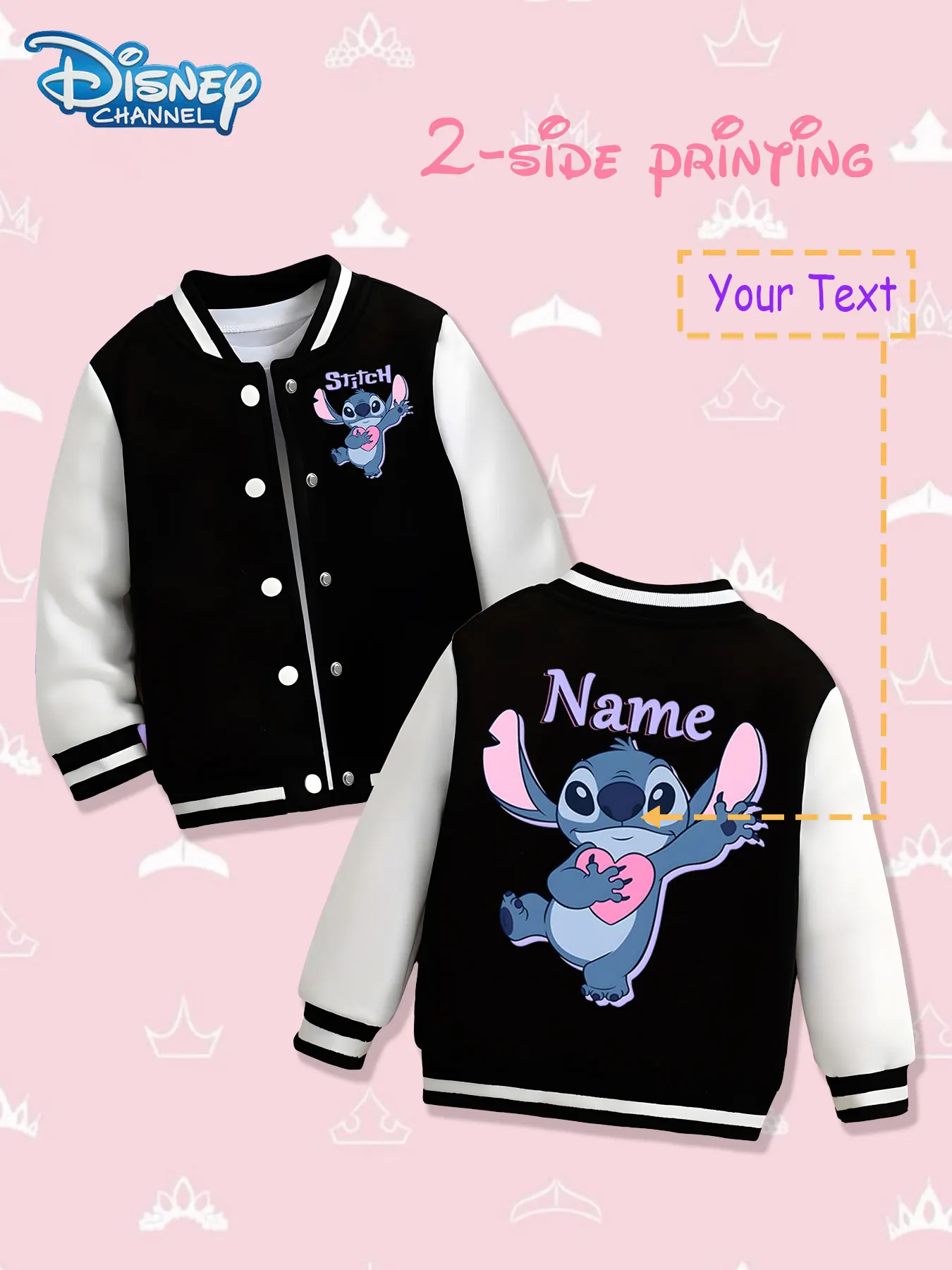 

MINISO Disney Heart Stitch Kids Baseball Jacket - Stitch holding a heart shape double-sided display, cute and loving colors, sui
