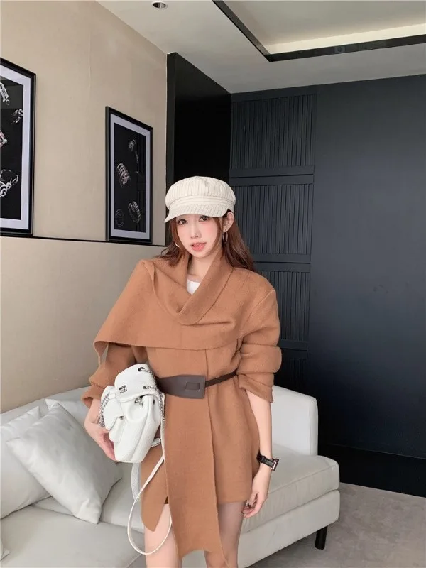 

Вязаный кардиган большого размера с шарфом, новый дизайн, весенняя мода, асимметричная верхняя одежда, женский, с поясом, в корейском стиле, свободный крой