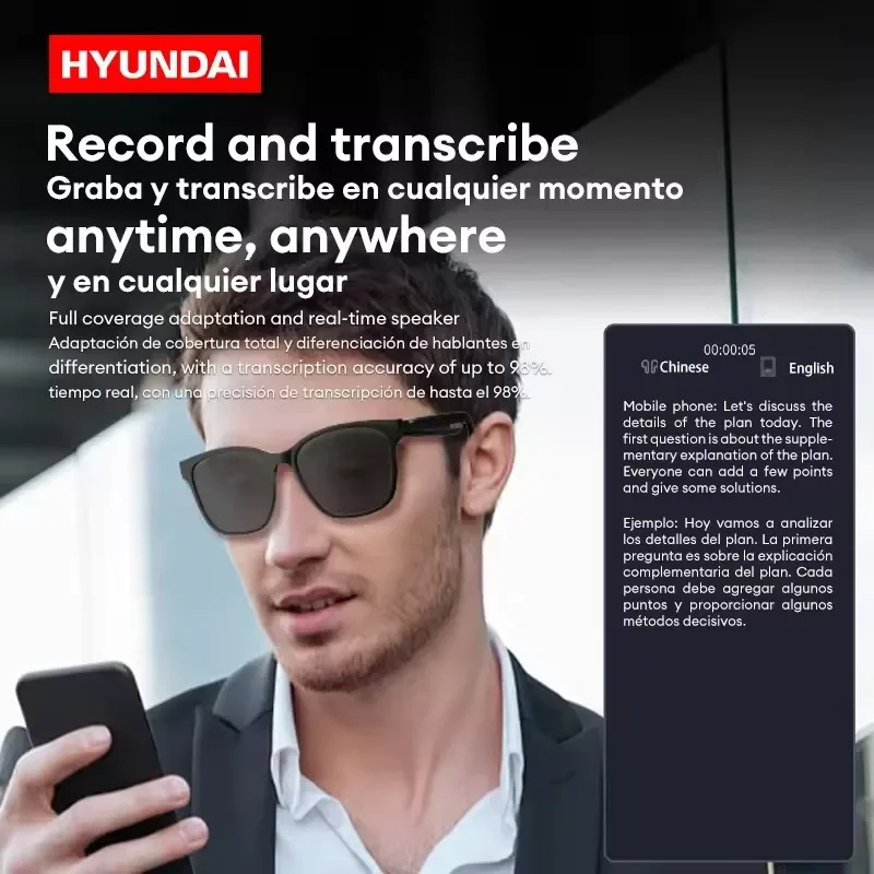 HYUNDAI HY-C8 نظارات ذكية بلوتوث 5.4 نظارات شمسية ميكروفون مدمج، رياضة خارجية، ترجمة AI، متوافقة مع iOS/Android
